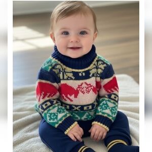 Vintage Baby Colorful Knit Turtleneck Sweater with Nordic Pattern SZ 0-3 Months